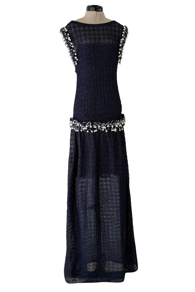 Phenomenal Fall 2010 Chanel by Karl Lagerfeld Deep Blue & Silver Metallic Knit Dress w Glass Pearl Detailing