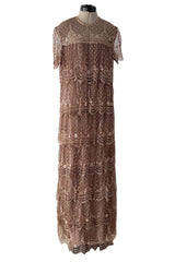 Prettiest 1960s Gold & Taupe Net Lace & Rhinestone Tiered Scalloped Edge Dress