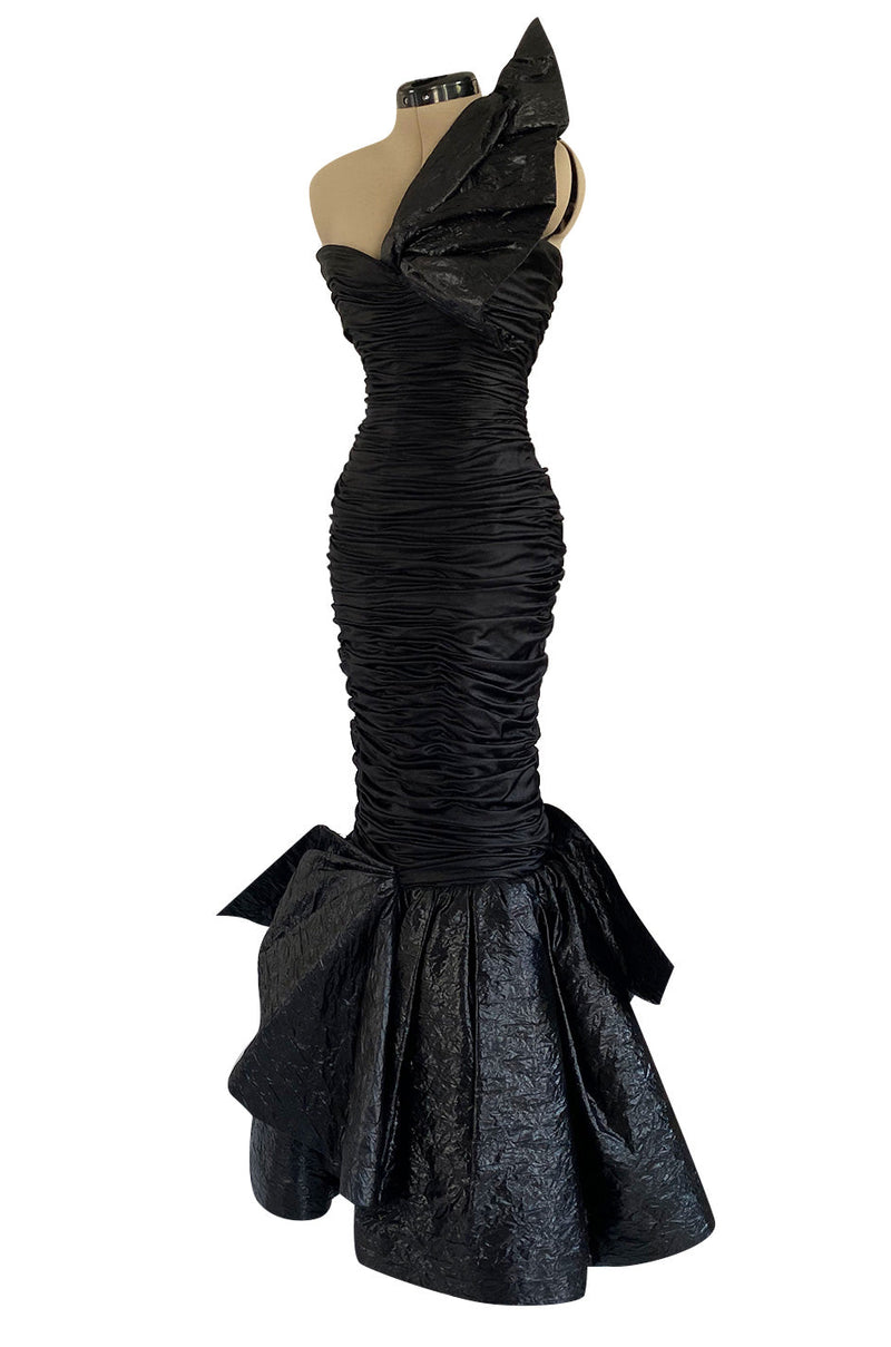 Dramatic 1987 Loris Azzaro Black Strapless Dress w Low Full Skirt & Shoulder Flare