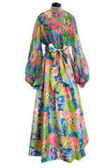 Fantastic Spring 1969 Kiki Hart Multi Colour Floral & Pattern Silk & SIlk Organza Dress w Balloon Sleeves