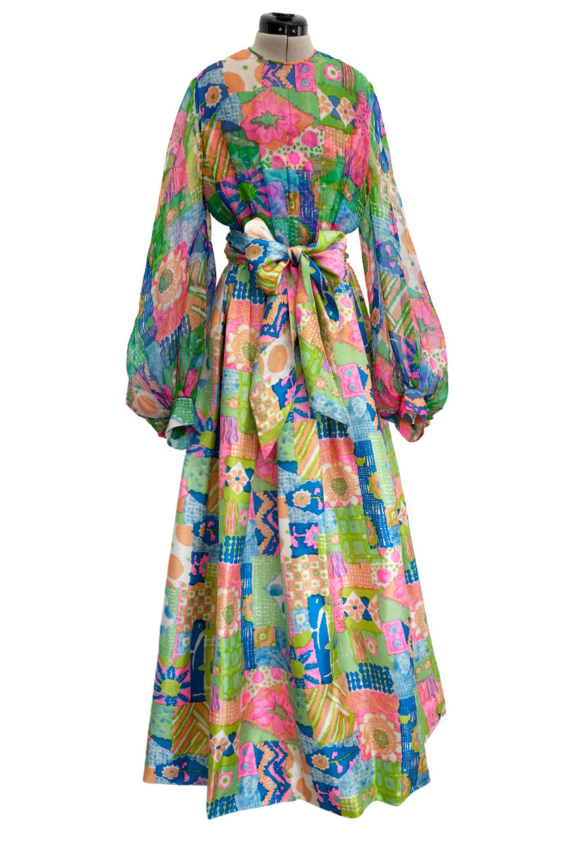 Fantastic Spring 1969 Kiki Hart Multi Colour Floral & Pattern Silk & SIlk Organza Dress w Balloon Sleeves