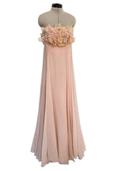 Prettiest 1960s Unlabeled Pale Pink Strapless Dress w Silk Chiffon & Flower Detailed Bodice