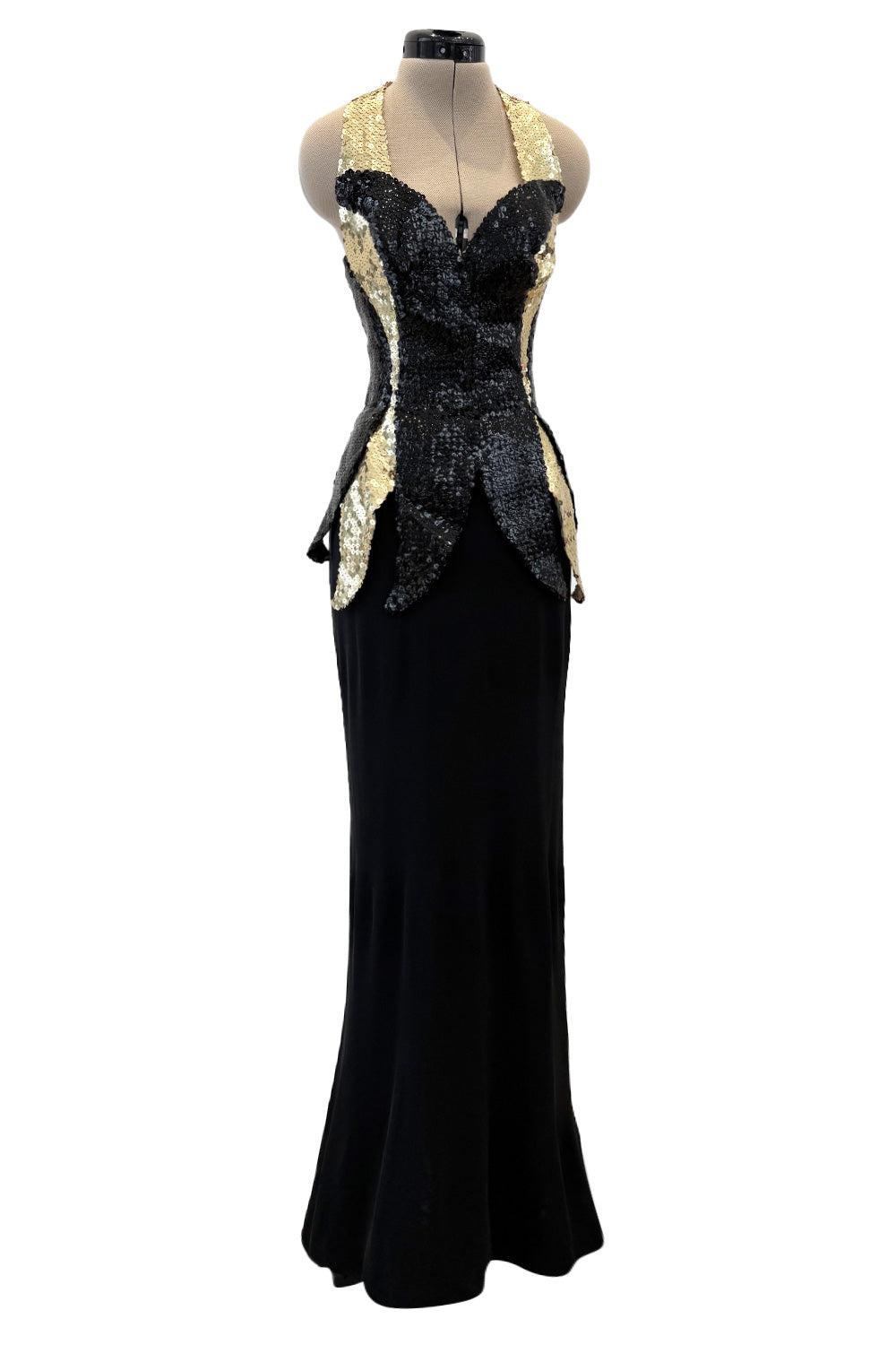 c.1973 Loris Azzaro Backless Black Jersey Dress w Gold & Black