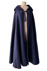 Fabulous  Fall 1976 Yves Saint Laurent Striped Blue Wool Knee Length Cape w Hood & Tassel Detailing