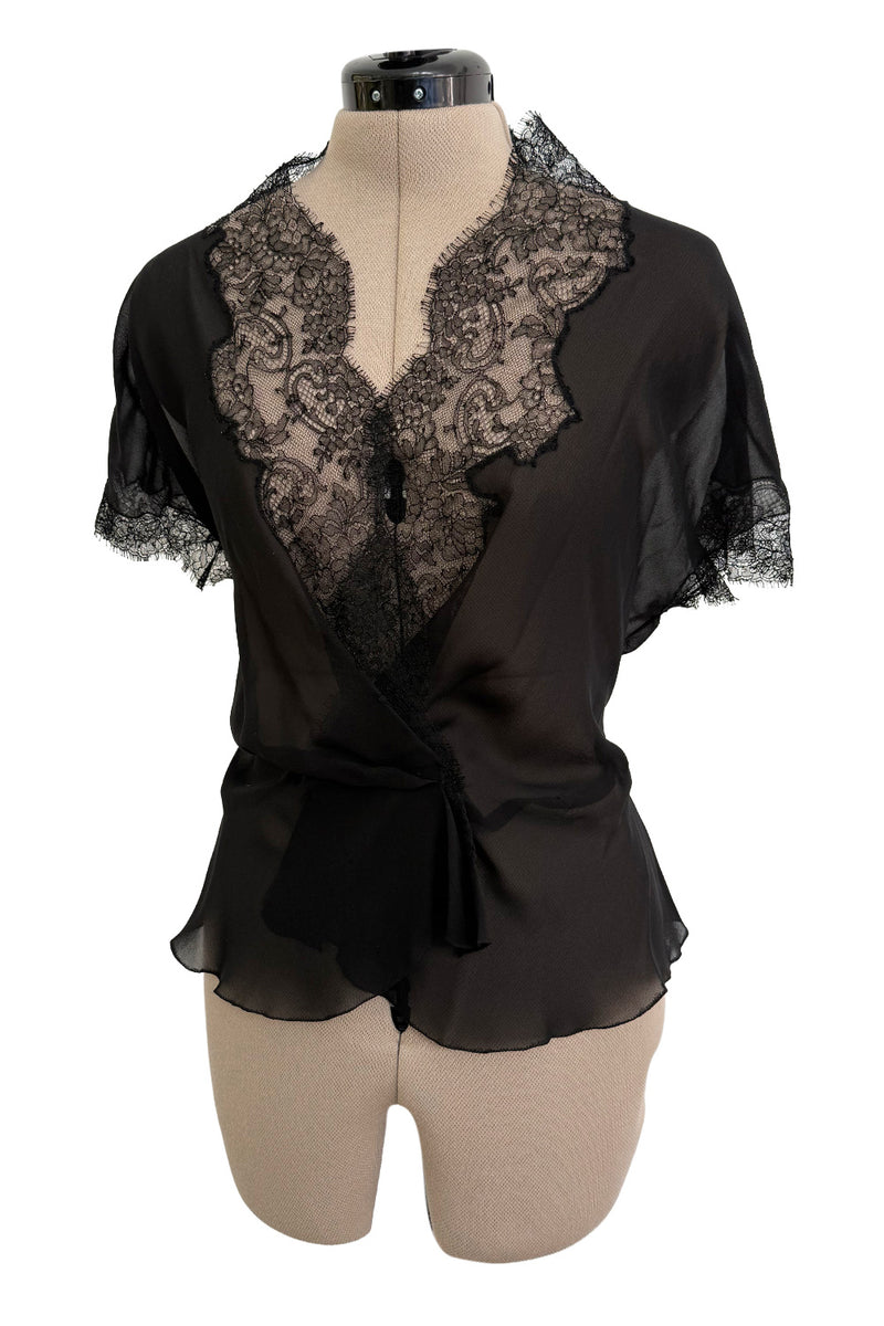 Beautiful mid-1980s  Emanuel Ungaro Haute Couture Black Silk Chiffon & Handmade Lace Wrap Top