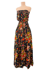 Wonderful c.1974 Yves Saint Laurent Brilliant Floral Print Strapless Cotton Dress w Top Stitched Gathers
