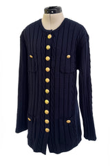 Fantastic 1980-90s Louis Feraud Deep Blue Cable Knit Cardigan Sweater w Metal Gold Tone Buttons