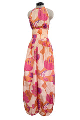 Spring 1981 Bill Tice Deco Pattern Printed Tissue Silk Backless Jumpsuit w Balloon Pouf Legs
