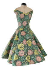 Gorgeous 1950s David Hart Organza Covered Cotton Floral Print Dress w Sequin Detailing