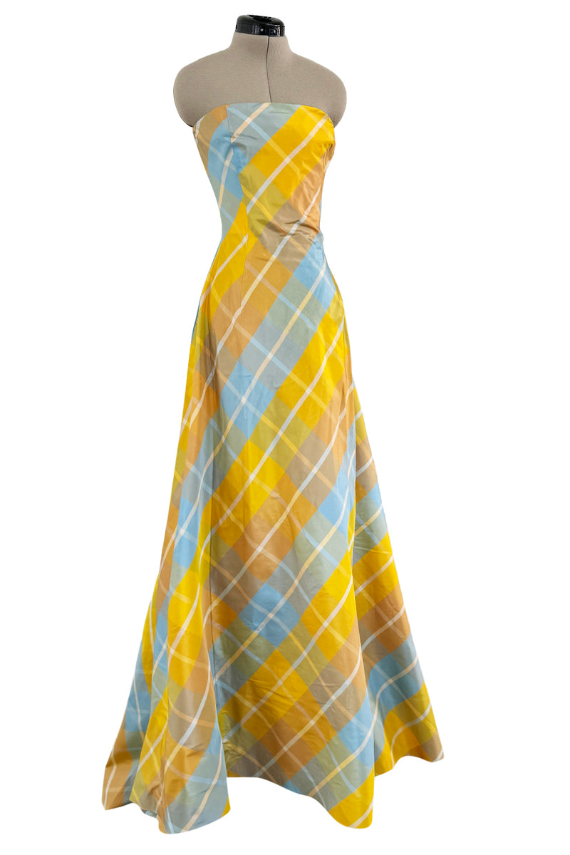 Beautiful Late 1980s Pierre Balmain Pastel Blue & Yellow Feather Light Strapless Silk Dress w Full Skirt