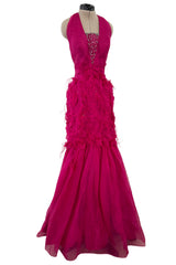 1990s Thierry Mugler Pink Silk Organza Halter Dress w Full Lower Skirts & Sequin Detailing