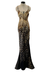 Gorgeous Spring 2005 Roberto Cavalli Black & Gold Feather Print Bias Cut Silk Dress w Open Criss Cross Back