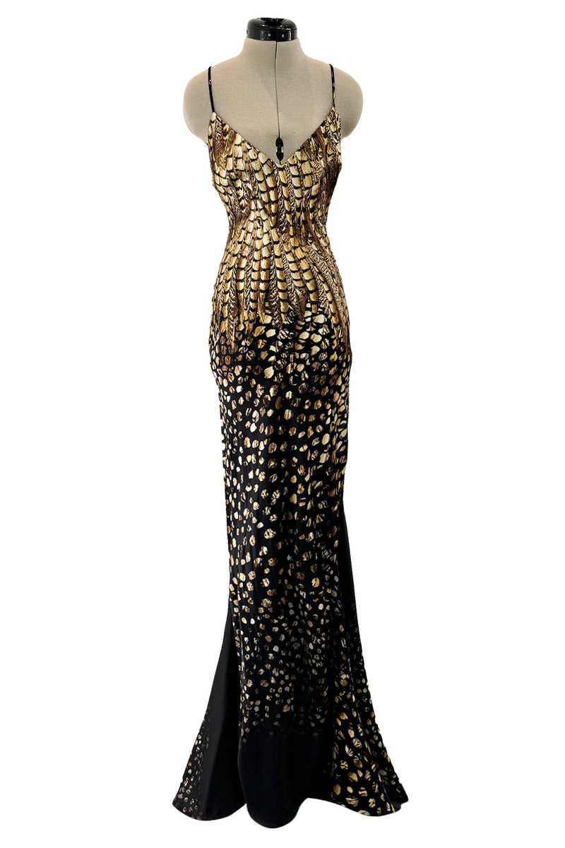 Gorgeous Spring 2005 Roberto Cavalli Black & Gold Feather Print Bias Cut Silk Dress w Open Criss Cross Back
