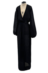 Incredible Spring 1978 Halston IV Plunged & Pleated Black Wrap Runway Dress w Balloon Sleeves