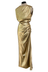 Iconic Fall 1991 Yves Saint Laurent Runway Slinky Gold Lame Dress w Gold Button Details