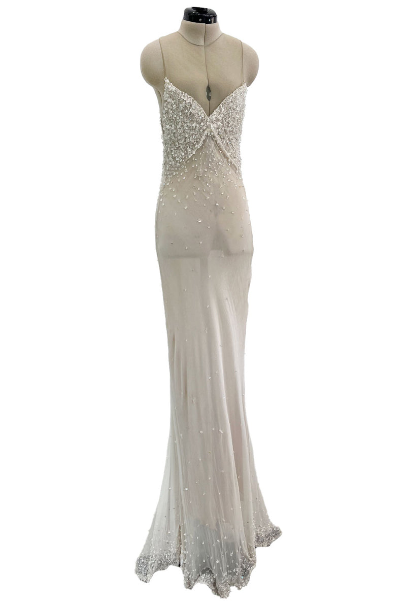 Dreamy 1993 John Anthony Couture Ivory Silk Chiffon Dress w Extensive Beading & Train