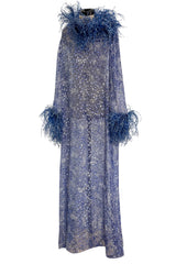 1970s Unlabeled Printed Silk Chiffon Dress w Gold & Silver Thread & Feather Collar & Cuffs