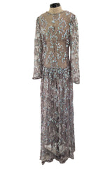 Prettiest 1970s Unlabeled Pale Grey Lace & Blue Grey Glossy Sequin Drop Waist Dress