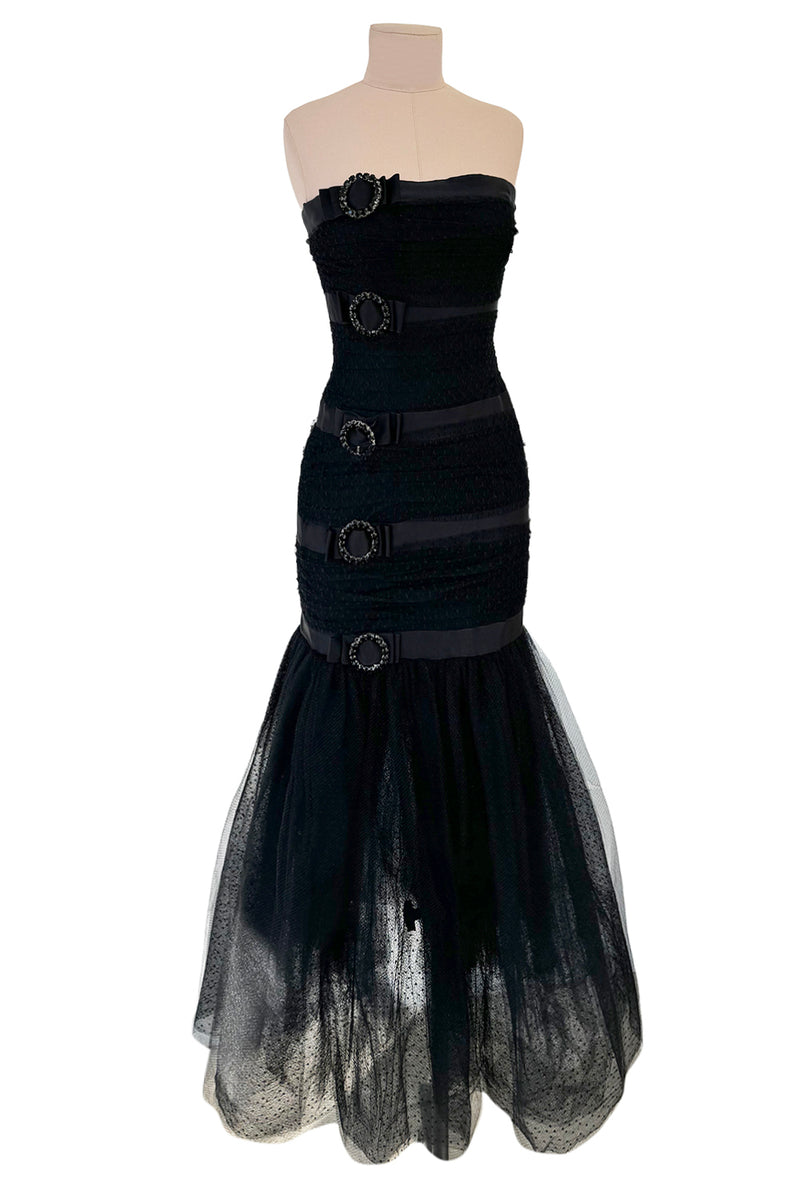Fantastic Spring 1987 Yves Saint Laurent Strapless Dotted Silk Net Strapless Dress w Rhinestone Detail & Full Lower Skirts