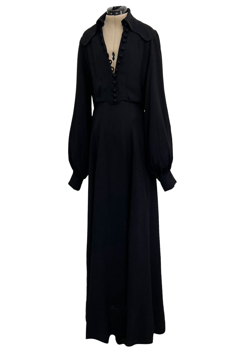 1969 Ossie Clark Bishop Sleeve Black Moss Crepe Dress w Button Front & Shrimpton Couture 1969 Ossie Clark Bishop Sleeve Black Moss Crepe Dress w Button Front & Shrimpton Couture