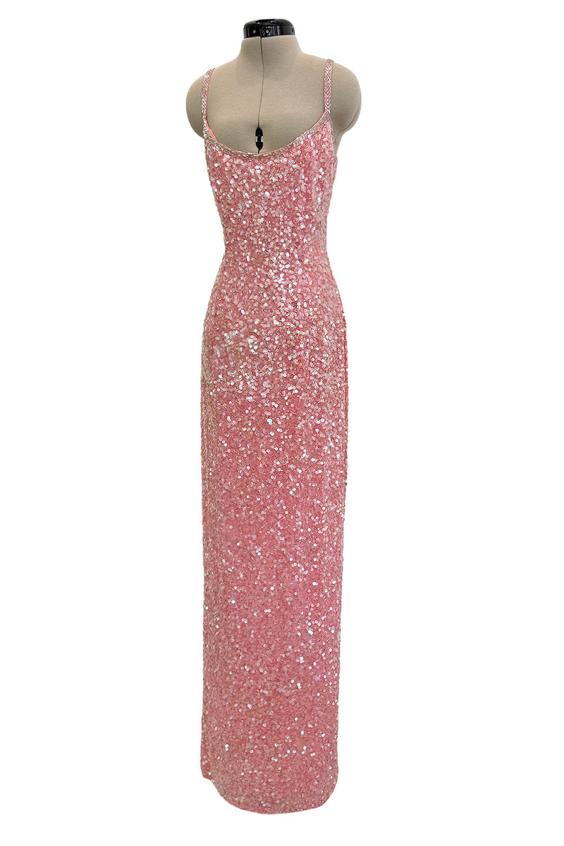 Prettiest 1980s Oleg Cassini Pink Silk Dress Covered in Iridescent Sequins w Silver Tube Bead Detailing & Trim
