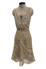 Prettiest 2000s Valentino Roma Metallic Gold Sequin & Bead Silk Chiffon on Netting Top and Skirt Set