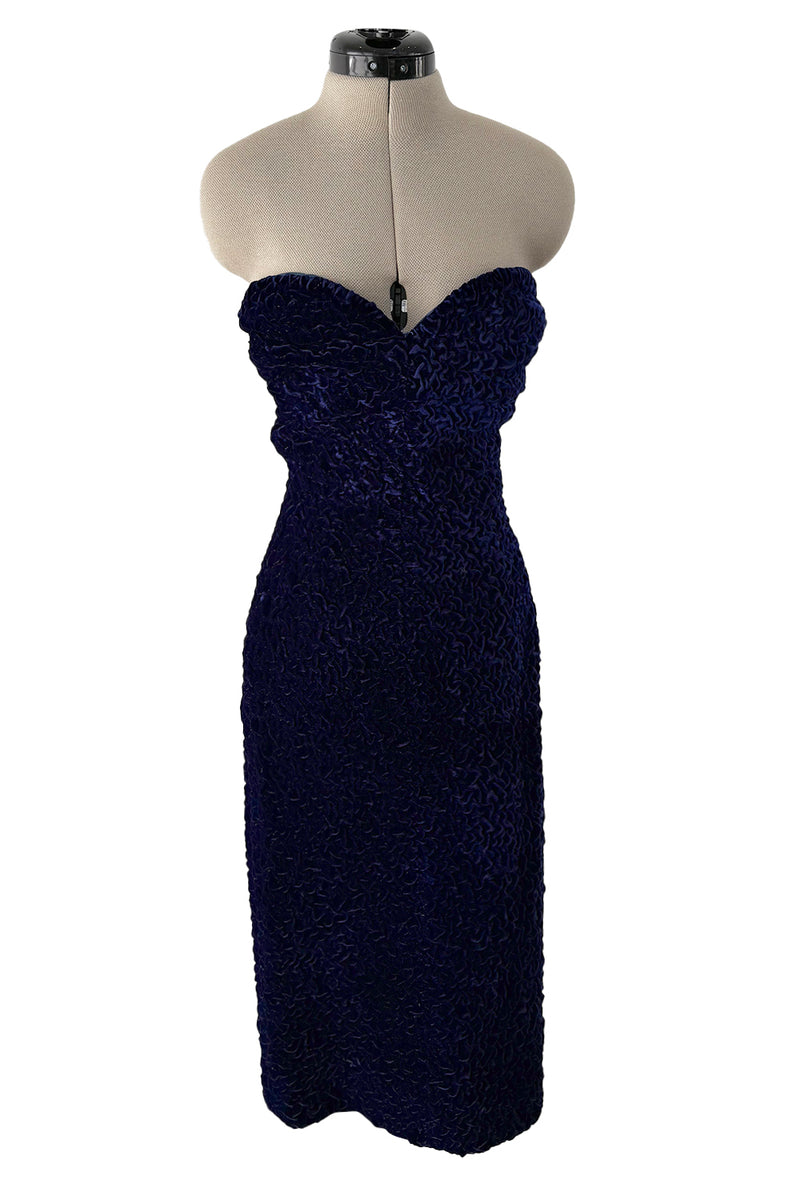 Fantastic Fall 1986 Yves Saint Laurent Runway Strapless Deep Purple-Blue Hand Gathered Velvet Dress