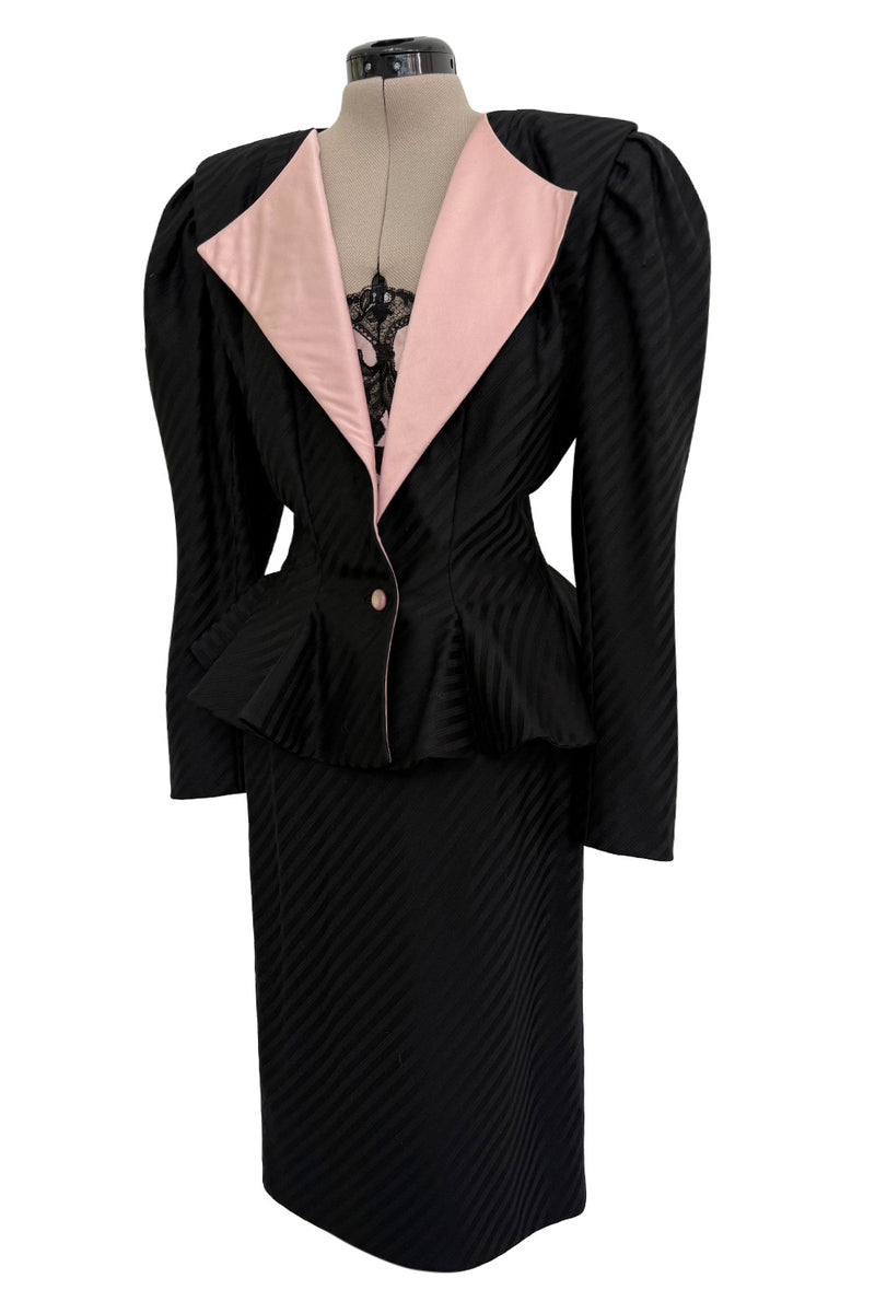 Fantastic Spring 1984 Emanuel Ungaro Haute Couture Black Stripe Jacket & Skirt Suit + Pink Camisole
