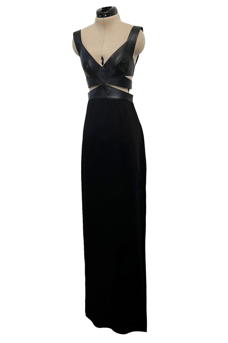 Incredible Fall 2021 Alaia Leather Cut Out Bustier Dress w Cage Back & Hammered Silk Skirt