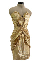 Outstanding Spring 1986 Thierry Mugler Pleated Metallic Gold Lurex Pleated Strapless Bodice 'Shell' Dress