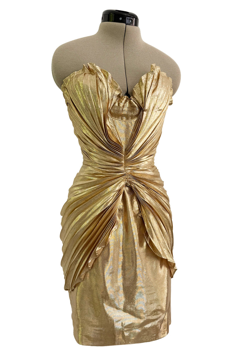 Outstanding Spring 1986 Thierry Mugler Pleated Metallic Gold Lurex Pleated Strapless Bodice 'Shell' Dress
