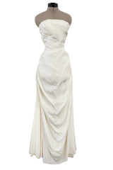Prettiest 1950s Fred Perlberg Strapless Ivory Dress w Gathered Back Skirting & Net Cotton Muslin Underskirts
