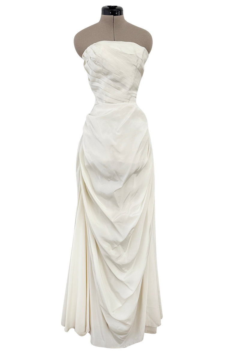 Prettiest 1950s Fred Perlberg Strapless Ivory Dress w Gathered Back Skirting & Net Cotton Muslin Underskirts