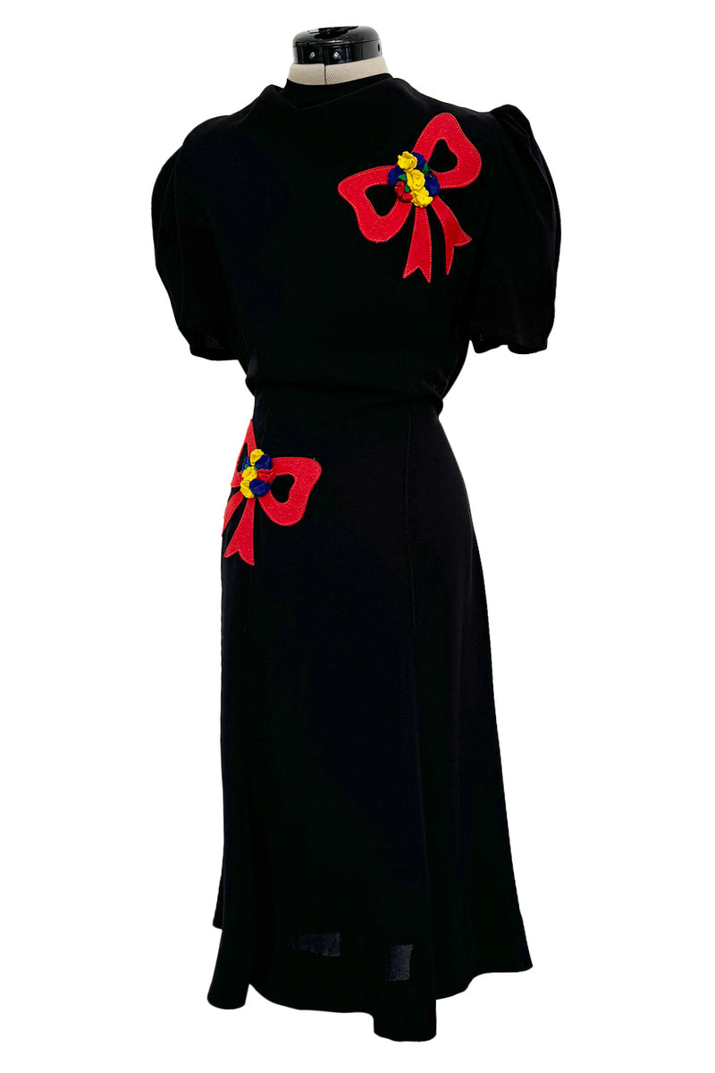 Gorgeous 1940s Unlabeled Black Crepe Dress w 3D Floral Detailed Bright Red Bow Appliques