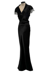 Iconic Fall 2005 John Galliano Black Silk Bias Cut Dress w Plunge Front & Lace Trimmed Cap Sleeves
