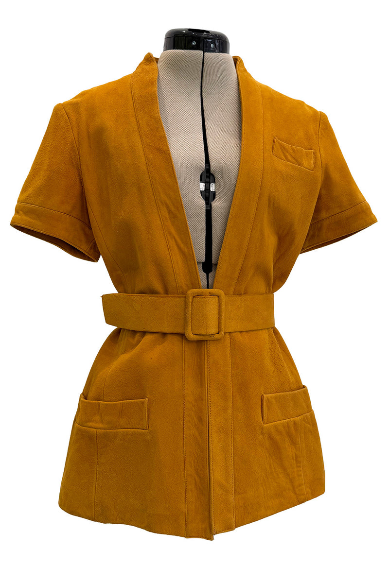 Late 1960s Christian Dior by Marc Bohan Chic Mustard Coloured Short Sleeved Soft Suede Jacket & Belt