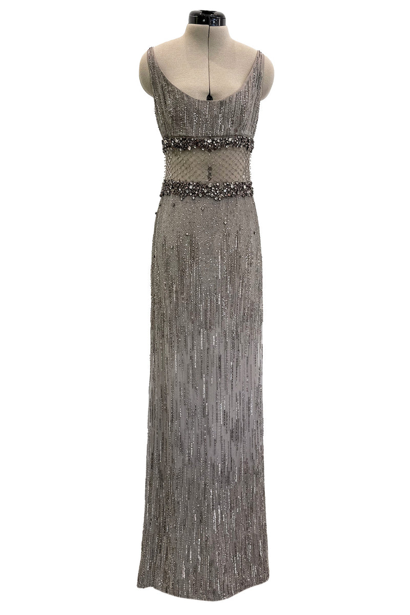 2010s Valentino by Pierpaolo Piccioli & Maria Grazia Chiuri Sequin & Rhinestone Embellished Deep Silver Silk Dress