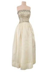 Exceptional 1959 Balenciaga Haute Couture Strapless Ivory Silk Chiffon w Metallic Embroidery