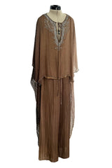 Amazing 1970s Unlabelled Feather Light Graduated Silk Ribbon Chiffon Cape Top & Wide Leg Pant Set