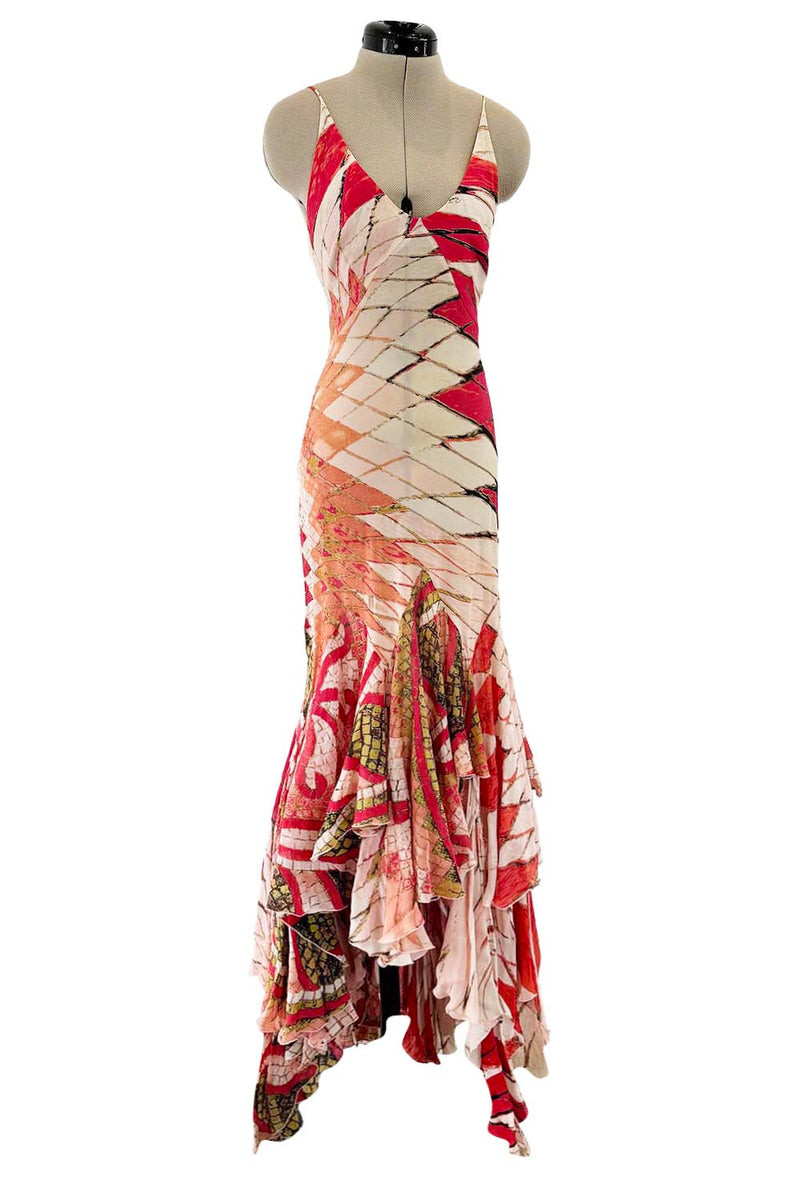 Rare Spring 2004 Roberto Cavalli Runway Look 23 Feather Light Silk Coral & Gold Print Dress