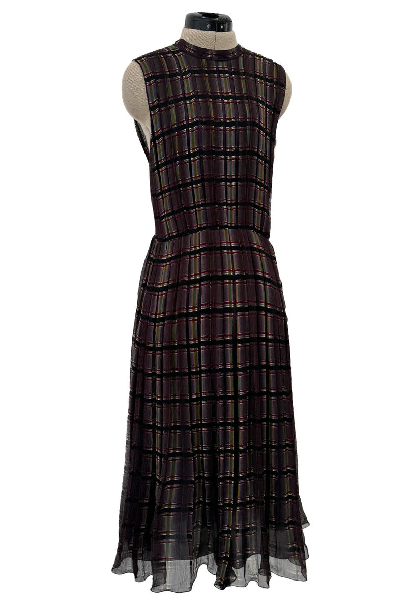 Prettiest Spring 2004 Prada Runway Look 31 Feather Light Grey & Green Silk Chiffon Plaid Dress