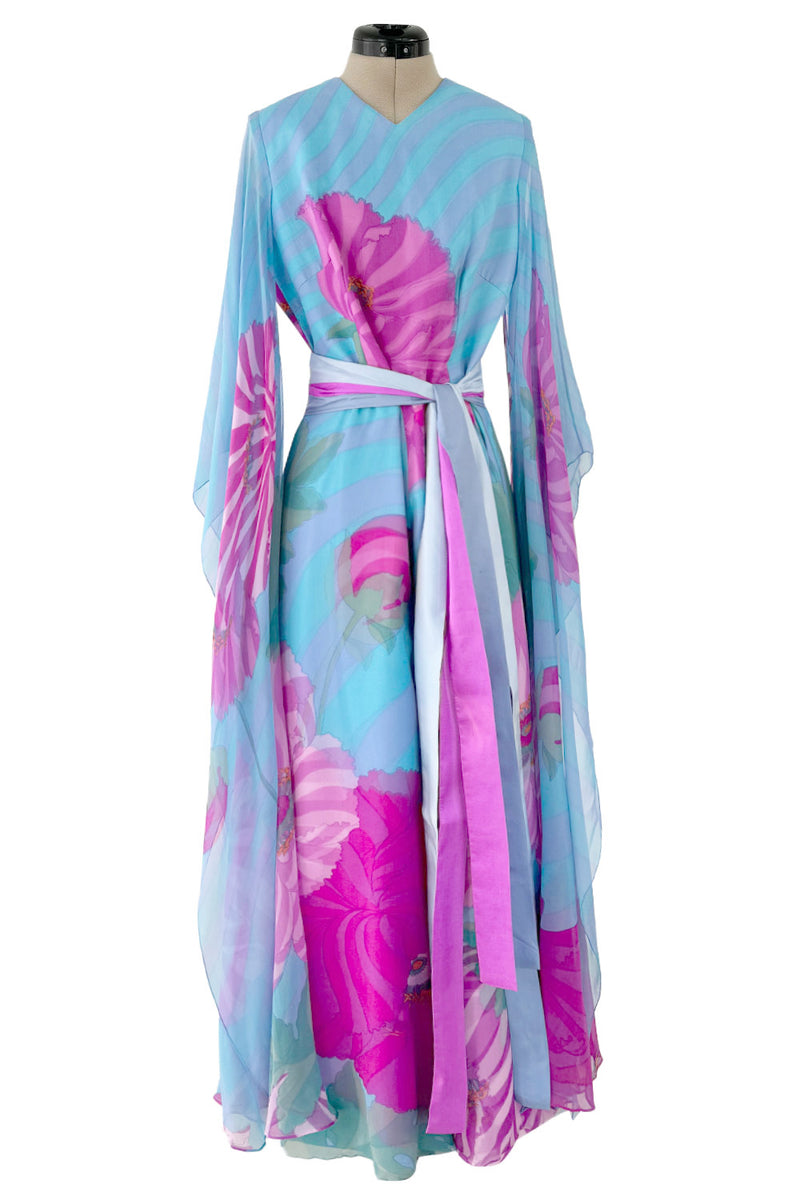 Dreamy c. 1969 Hanae Mori Couture Printed Silk Chiffon Jumpsuit w Floor Length Angel Sleeves