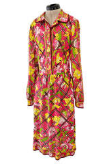 Prettiest 1960s Emilio Pucci Original Pink Silk Jersey Dress w Lattice Flower & Leaf Print