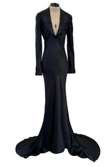 Fall 2007 Alexander McQueen Black Bias Cut Hammered Silk Dress w Beaded Collar
