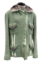 Fall 2005 Roberto Cavalli Green Boucle Jacket w Chinchilla Collar, Rhinestone, SIlk & Velvet Detailing