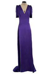 2007 Alexander McQueen Purple Bias Cut Liquid Silk Satin Dress w Amazing Sleeves