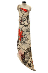 Gorgeous Early 2000s Valentino Roma Bias Cut Floral Print Dress w Bright Pops of Coral Red
