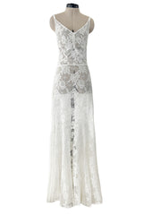 Romantic 1930s Unlabeled Intricate White Lace Unlined Dress w Flared Full Lower Skirting