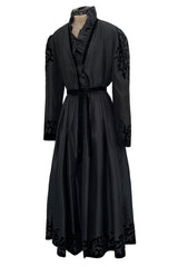 Early 1980s Louis Feraud Black Silk Tafetta Dress w Puff Shoulder Sleeves & Velvet Detailing