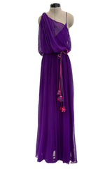 Spring 2001 Christian Dior by John Galliano Purple Silk Chiffon One Shoulder dress w Matching Pink & Red Floral Tie Belt